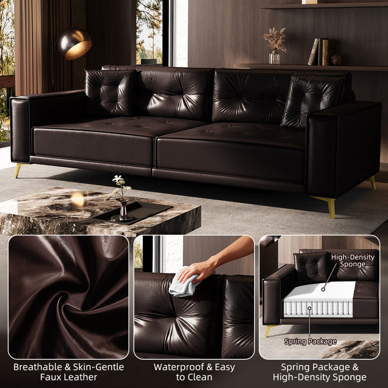 Canapé-lit convertible de 234 cm en similicuir avec accoudoirs larges et siège 4 places de 80 cm de large, Dark Brown