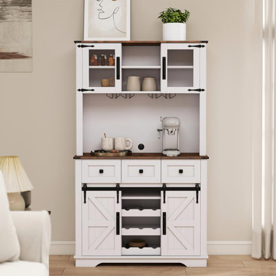 Coffee Bar Cabinet With Sliding Barn Doors 71'' Farmhouse Pantry Cabinet With Drawers & Wine Glass Rack Rustic Buffet Cabinet For Kitchen