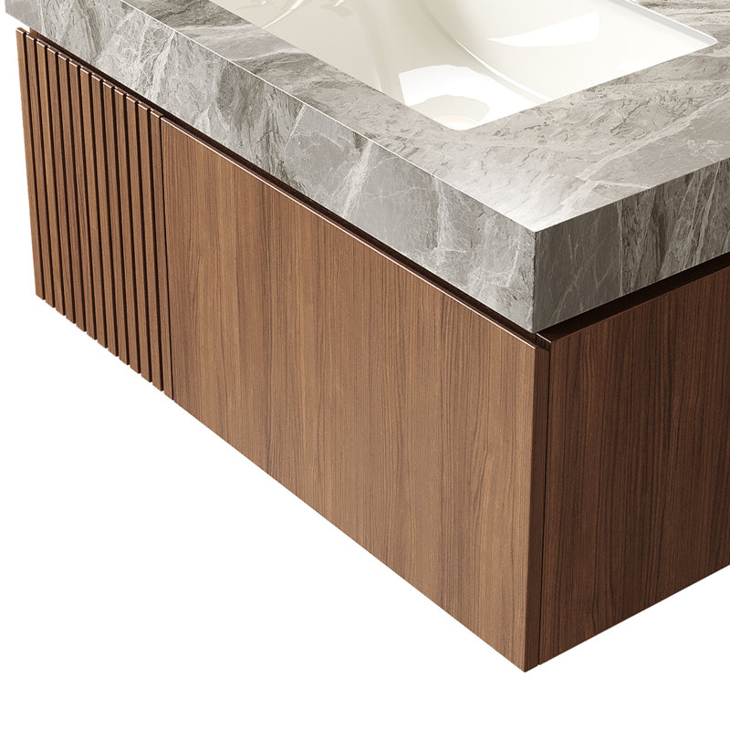 Meuble-lavabo suspendu moderne de luxe en noyer de 91 cm (36 po) avec lavabos, meuble de salle de bain familial suspendu, meuble de salle de bain en pierre frittée de style milieu du siècle