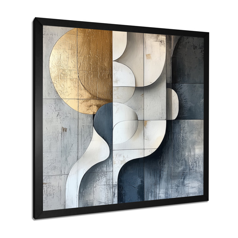 Motif géométrique abstrait doré et gris de forme ontine d'Ontine, Reproduction encadrée d'une seule photo, H 16 po x l 16 po