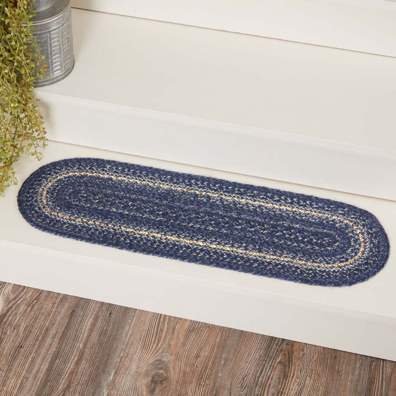 Tapis d'escalier Birt Whistle indigo / bleu / crème, Oval 8,5 po x 2 pi 3 po