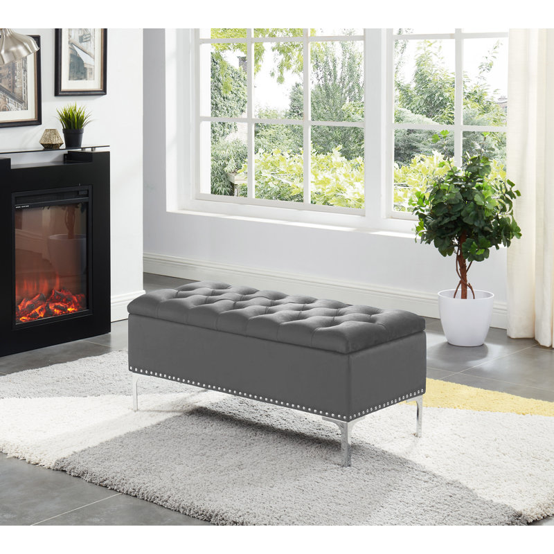 Carmel Velvet Upholstered Storage Bench, Gray