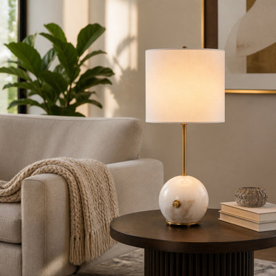Stylish Metal Table Lamp with Marble Round Base for Bedroom - Small Accent Lamp for Bedside, Desk, or Living Room Decor - 23", White & Gold