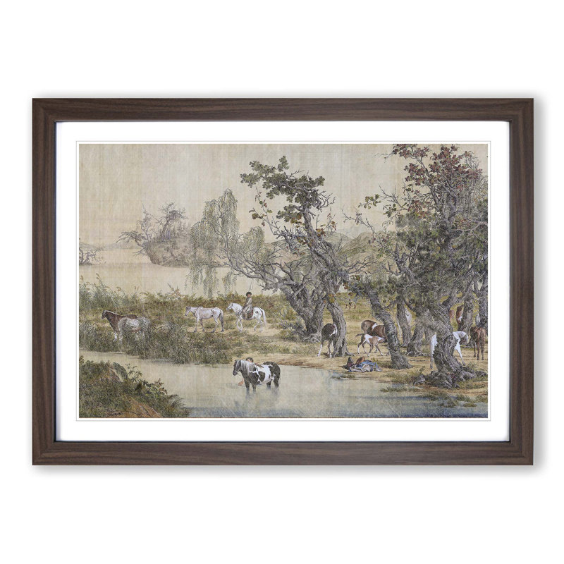 Horses by the Stream by Lang Shining - Picture Frame Art Print, Walnut Framed, 36cm H x 48cm W x 2cm D