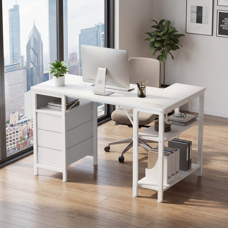 Bureau d'ordinateur en L 47 po à prises intégrées avec tiroirs et tablettes de rangement, blanc