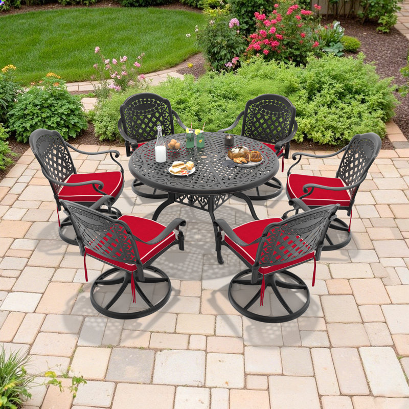 7-piece cast aluminum set - 48.03" round table & 6 swivel chairs, premium outdoor design in black frame