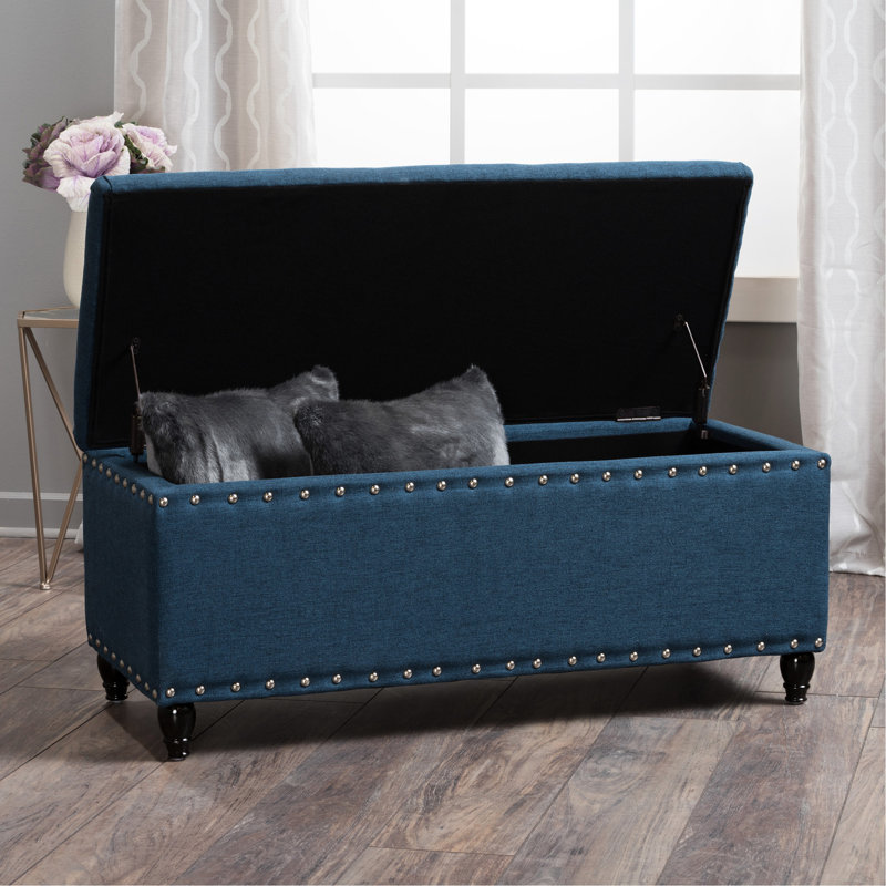 Banc avec repose-pieds en tissu couleur blé - siège élégant avec compartiment caché, Marine