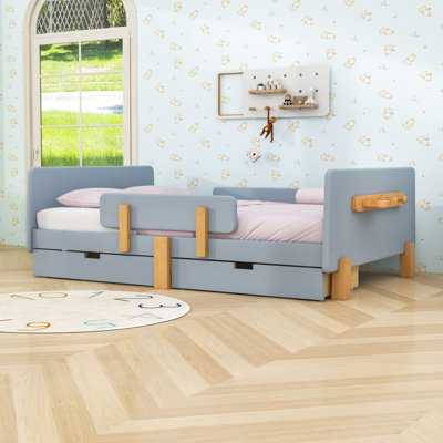 Wood Platform Bed with Built-in Storage Drawers and Safety Features