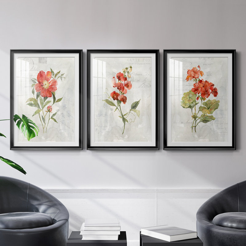 Lin géranium - ensemble de 3 reproductions de cadres photo, H 30,5 po x l 127,5 po x P 1,5 po, Noir