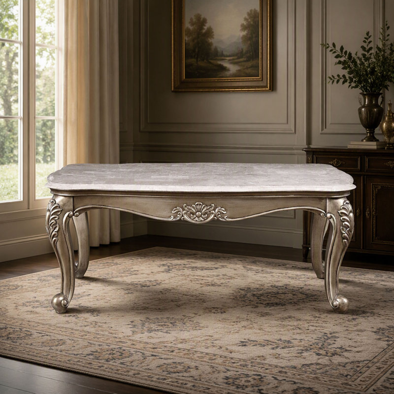 Table basse de style transitionnel à plateau en marbre - finition champagne, structure en peuplier