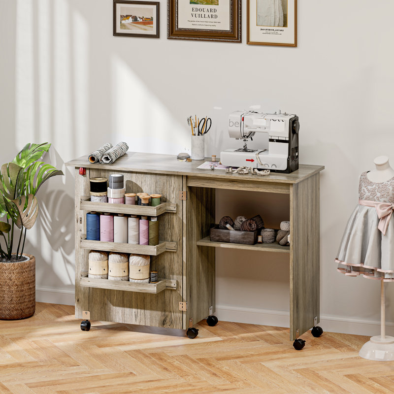 Machine à coudre pliante avec table et armoire mobile gris