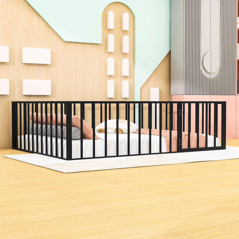 Elegant Metal Floor Bed With Door And Safety Fence Design, Black, Full