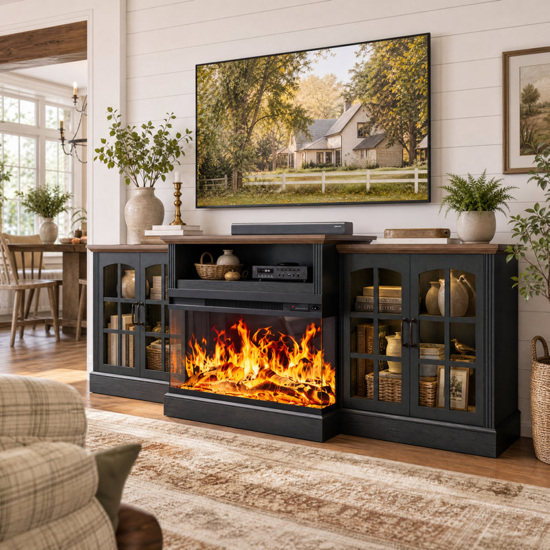 97" Farmhouse Fireplace TV Stand for TVs Up to 100"，Entertainment Center with LED Lighting & Storage Cabinets, Large Media Console Table with 36" 3-Sided Glass Electric Fireplace ,Black