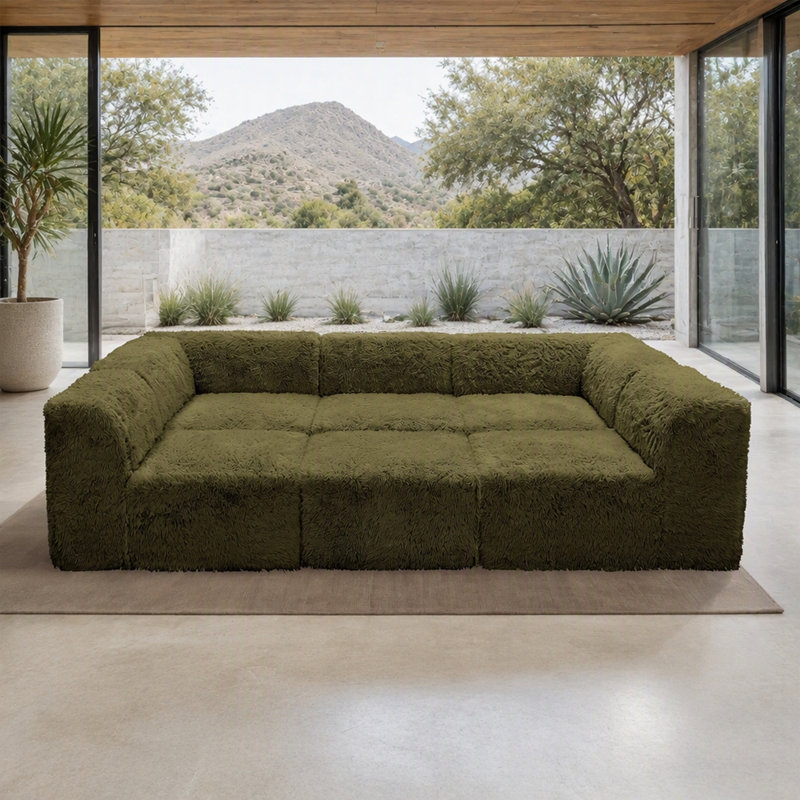 Canapé d'angle modulaire 6 pièces pour salon, couleur vert olive, rembourrage en fausse fourrure et mousse haute densité compressée, fauteuils sans accoudoirs, pouf