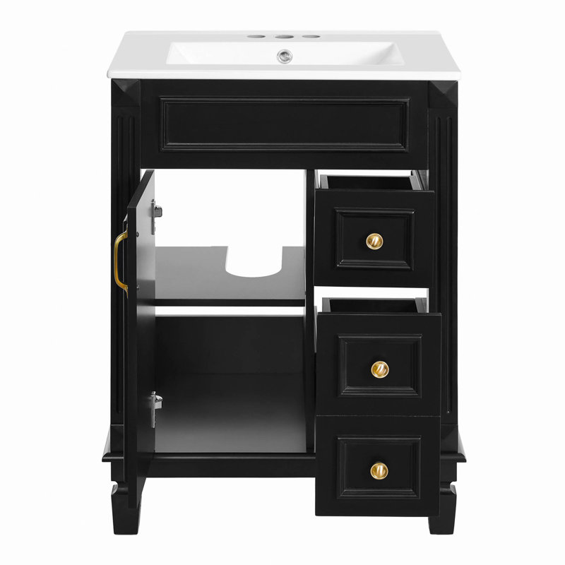 Meuble-lavabo 24 po avec lavabo en céramique, petite armoire de salle de bain moderne, 2 tiroirs et tablette réglable, Black
