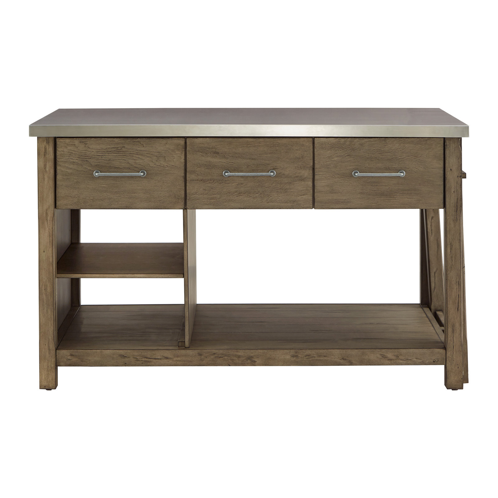 Tinka 3-Drawer Rectangle Pine Kitchen Island , Stainless Steel, Gray
