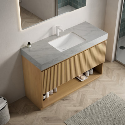 Meuble-lavabo FINO 48, sur pied, comptoir en pierre frittée gris Carrara veinée et lavabo en céramique avec 1 trou pré-percé pour robinetterie, démonté, robinetterie et bonde non inclus, couleur chêne Corolla