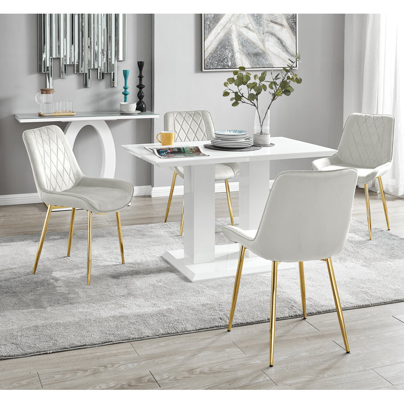 Edzard Double Pedestal High Gloss Dining Table Set with 4 Luxury Velvet Dining Chairs, White, Cream/Gold