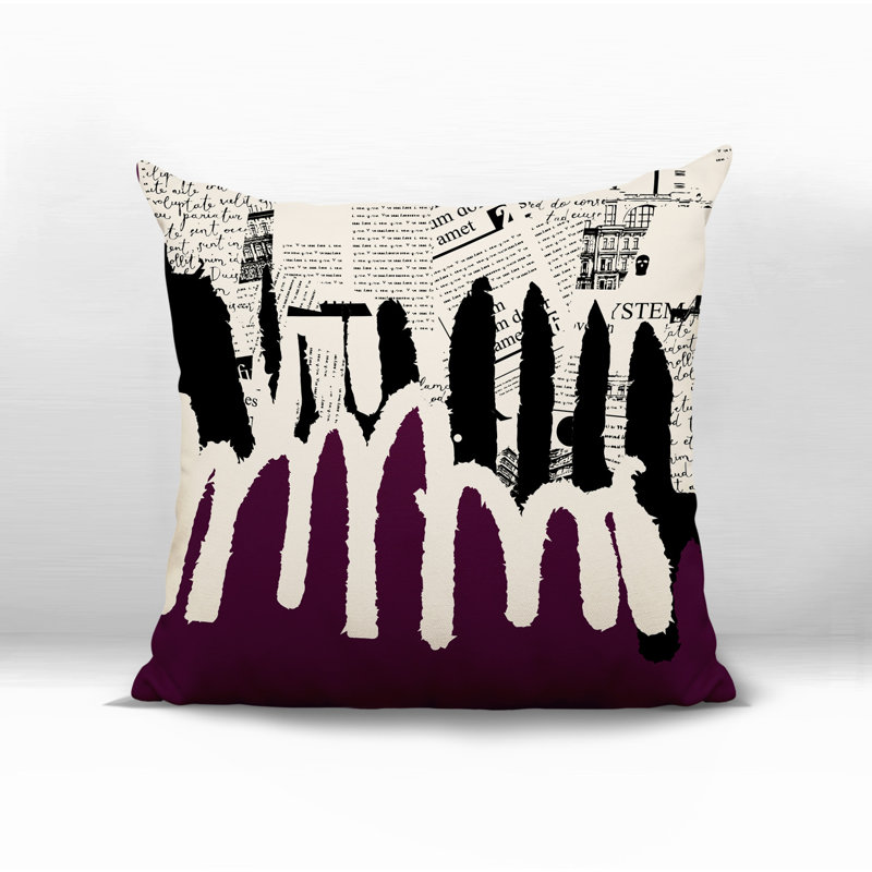 Oreiller carré réversible intérieur / extérieur Kisha, H 19 po x l 19 po, Mauve / noir / blanc cassé abstrait
