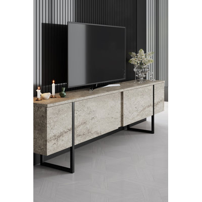 Modern TV Stand with Metal Legs, Travertine & Black Finish, 70.9 x 11.8 x 19.7 inches | 100% Melamine Coated Particle Board, Thickness: 0.7 inches | Stylish Industrial Design for Living Room & Entertainment Spaces