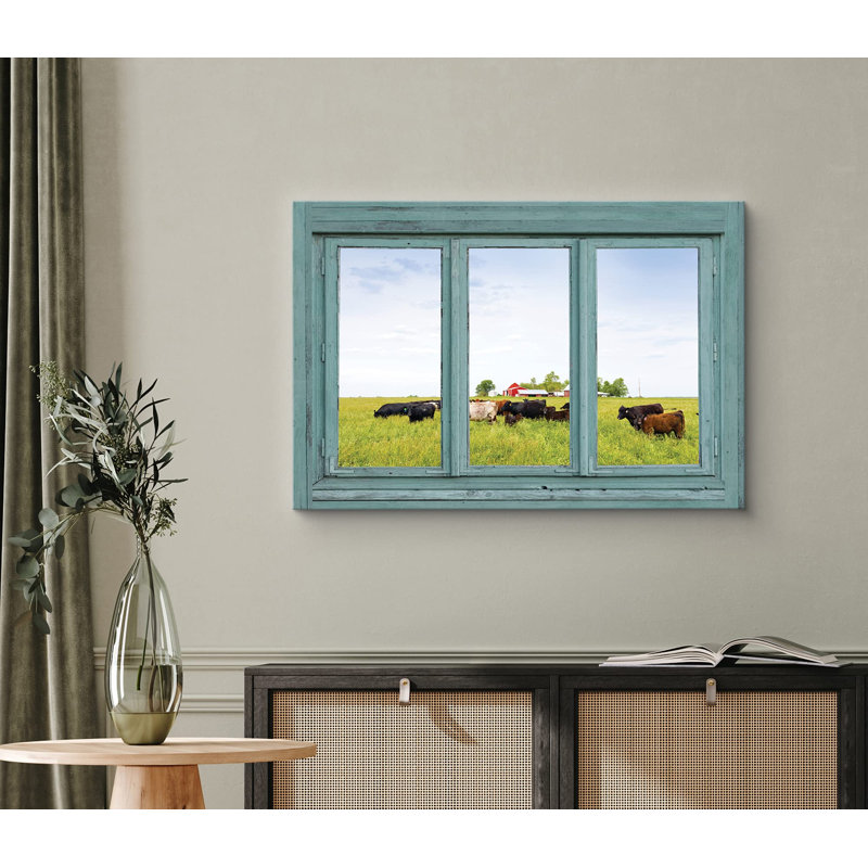 Fenêtre de fenêtre «Window View Pastoral Cow Farm Landscape Nature Images Modern Art Rustic Scenic Ultra» sur toile
