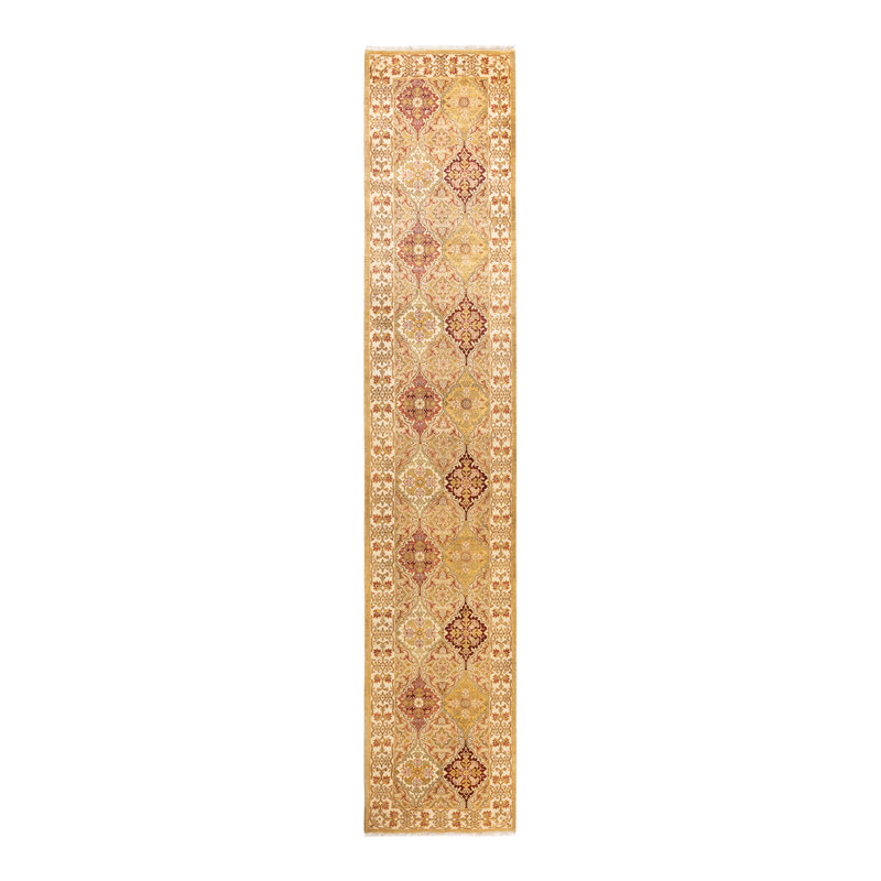 Tapis unique vert / mauve / beige noué à la main Mogul 2 pi 6 po x 13 pi 3 po
