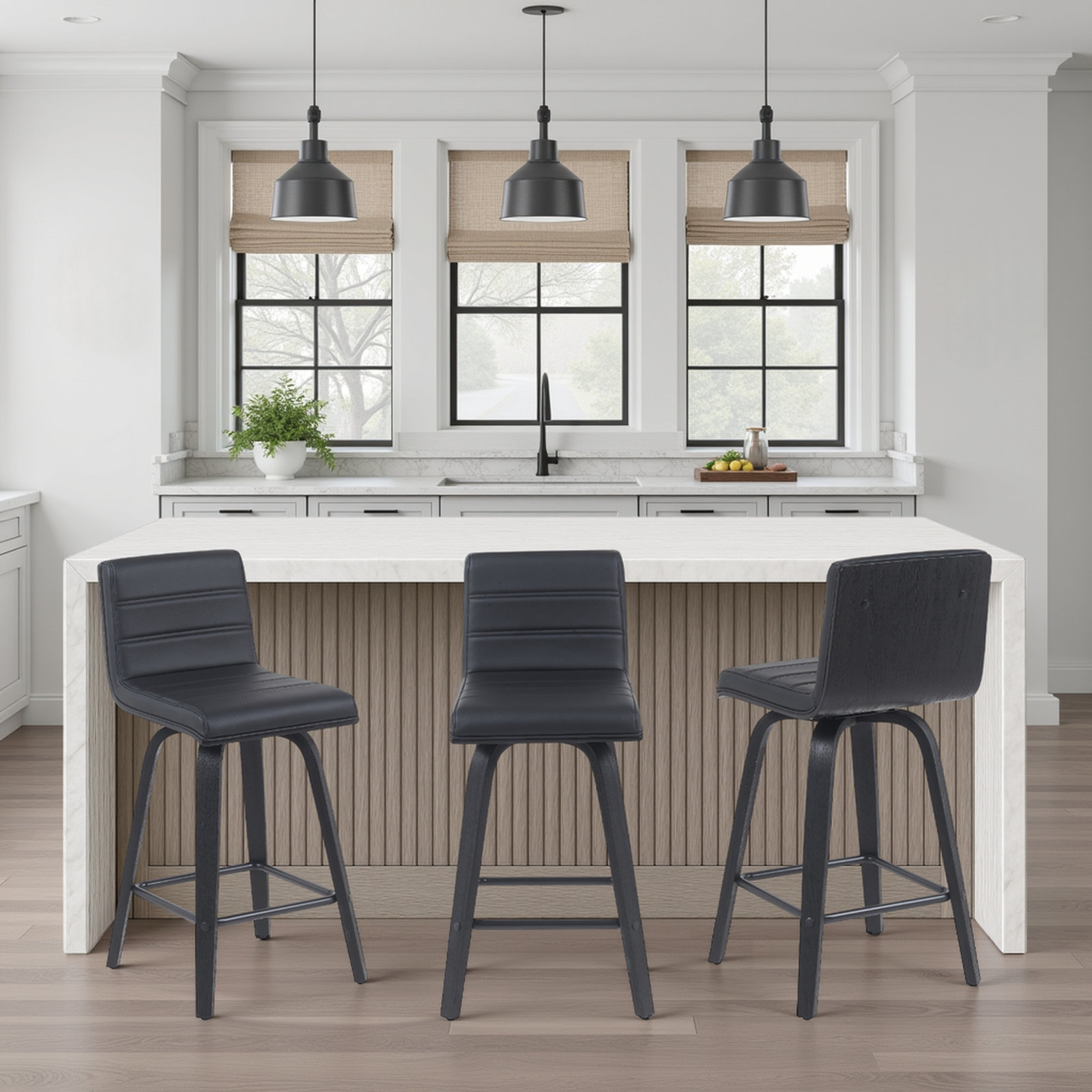 Biance Swivel Bar Stool, Counter Stool (26" Seat Height), Black, Black Performance Faux Leather