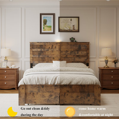 Queen Platform Bed with Storage Drawers & USB Headboard, Metal Slat Support, No Box Spring, Dark Brown