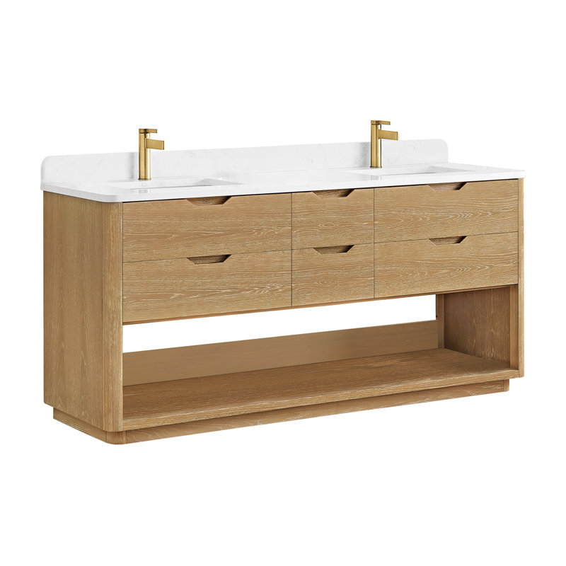Meuble-lavabo double 72 po avec plateau en pierre blanche Kaiser, H 91 cm x l 61 cm