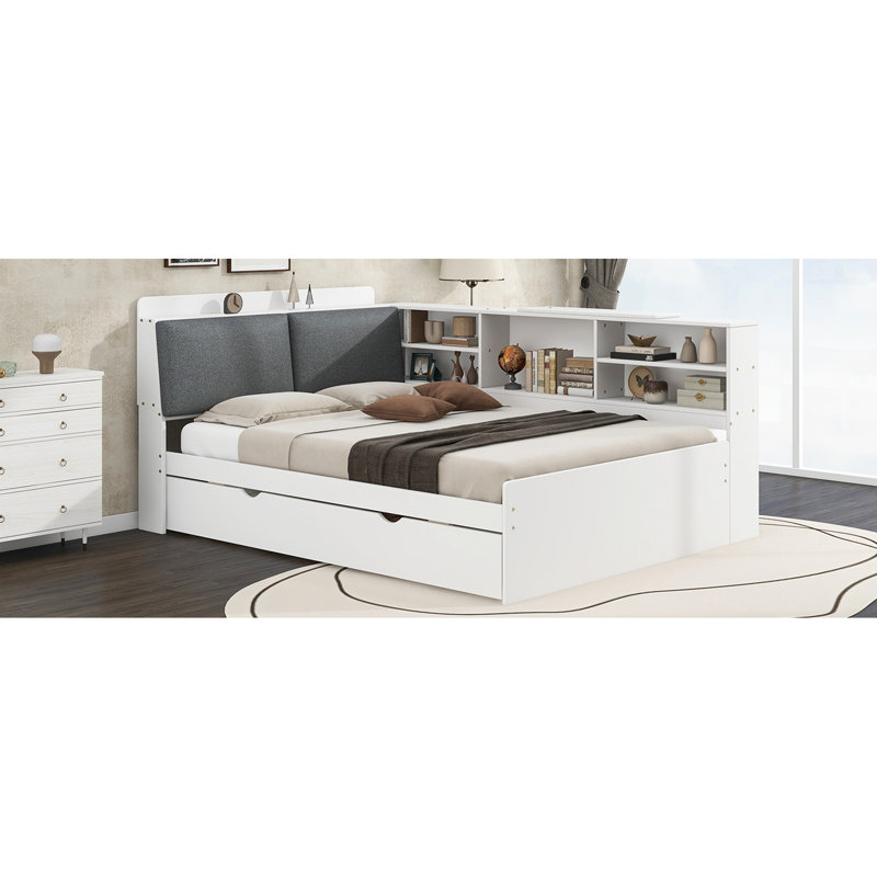 Wood Platform Bed With Trundle, Headboard Storage, And Shelves In White - Classic Look Full Size Shelf Box Practical Option