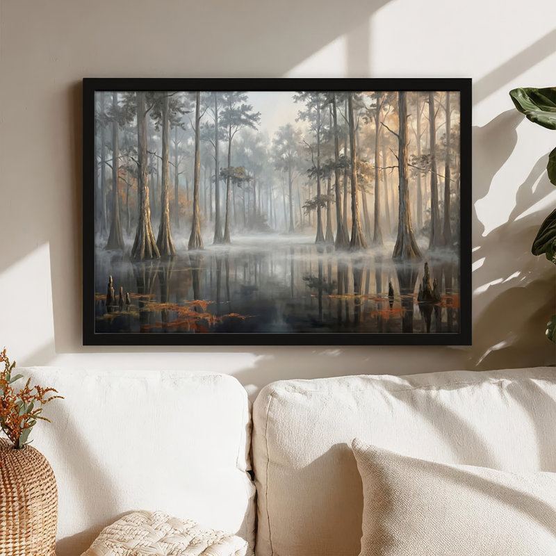 Toile noire encadrée en bois noir pour salon, chambre à coucher, bureau ou vestibule - décoration murale décorative avec forêt brumeuse