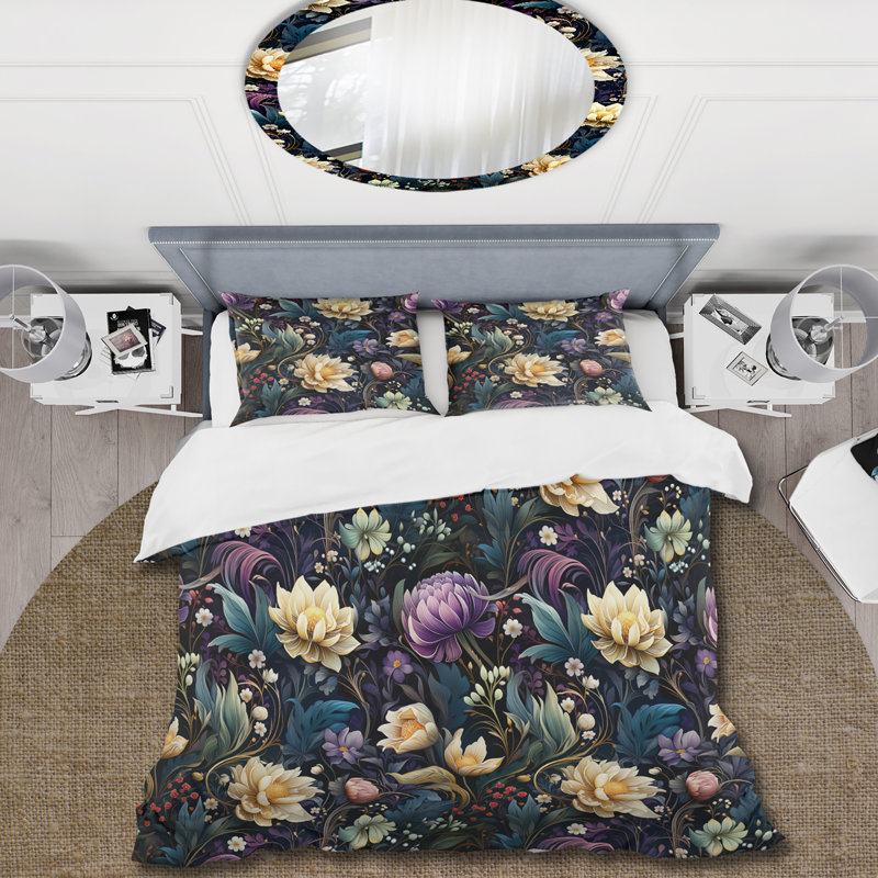 Ensemble de housse de couette floral en émeraude mauve foncé - polyester microfibre