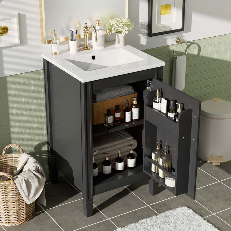 Meuble-lavabo pour salle de bain avec lavabo en céramique et support de rangement pour les petites salles de bain, Noir