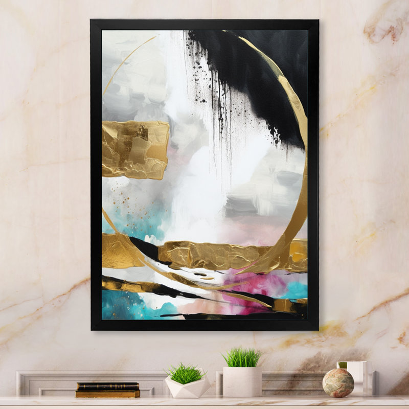 «Gold and Black Geometric Enchantment II», art abstrait sur toile marbrée, H 40 po x l 30 po x P 1,5 po