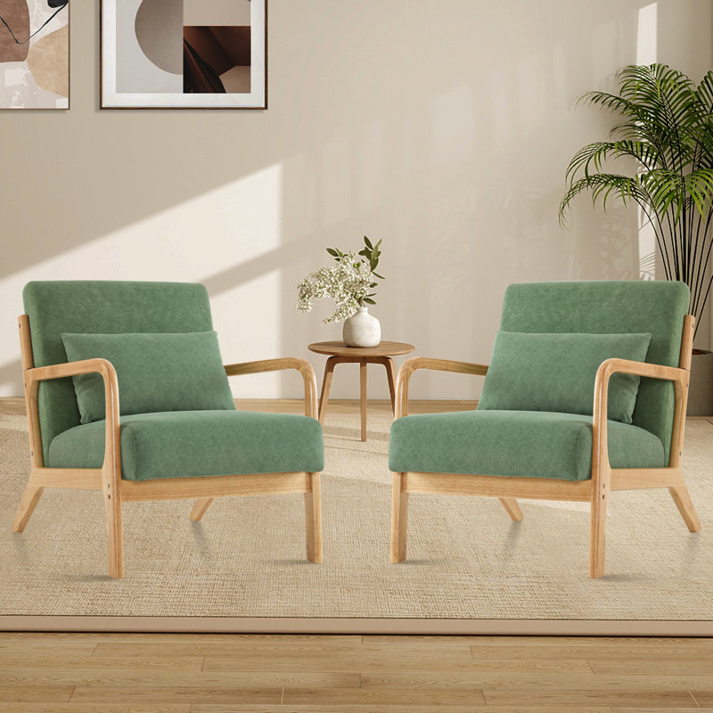 Ensemble de 2 chaises d'appoint avec coussin et fauteuil rembourré de style Mid-Century pour petit espace, Vert, 2