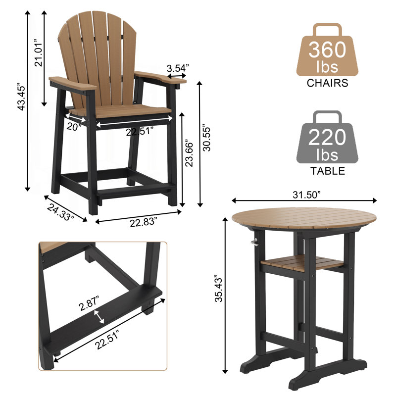 5-Piece Outdoor HDPE Bar Set, Patio Adirondack Chairs With 35" Round Table, Black/Brown