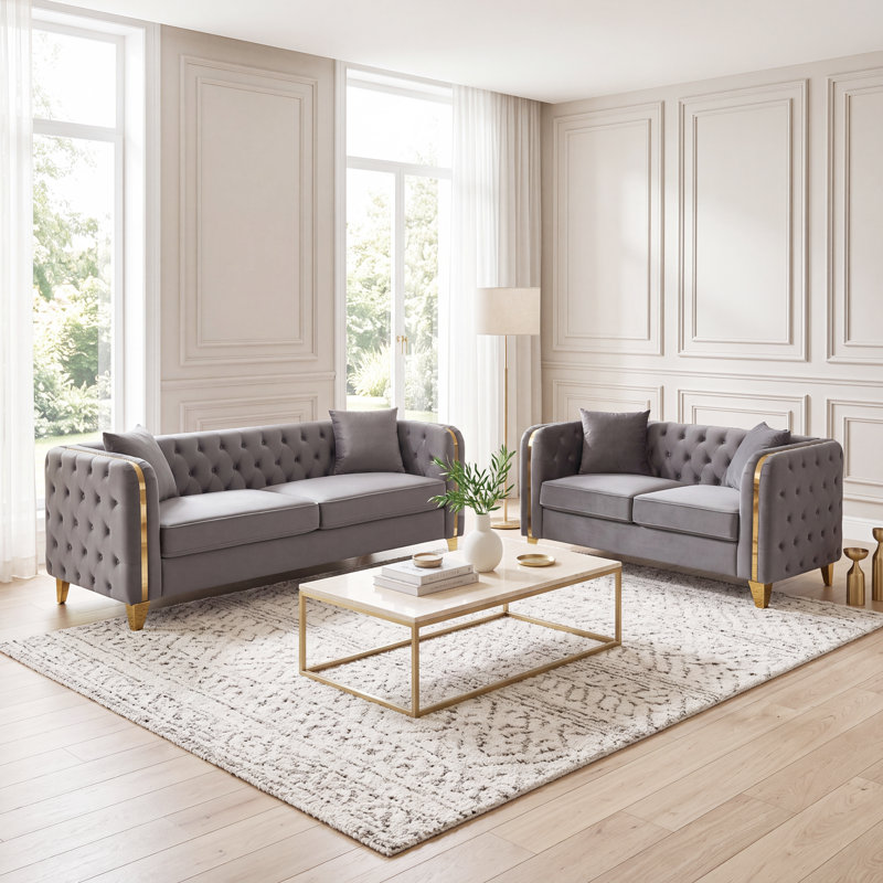 Ensemble de canapé de salon 2 pièces en velours avec accoudoirs et têtes de clou, Gris