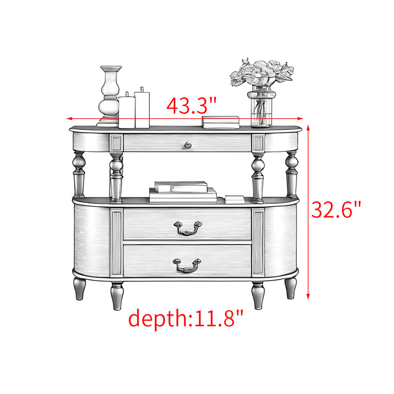 American-style solid wood console table, Black, 32.6" H x 43.3" W x 11.8" D