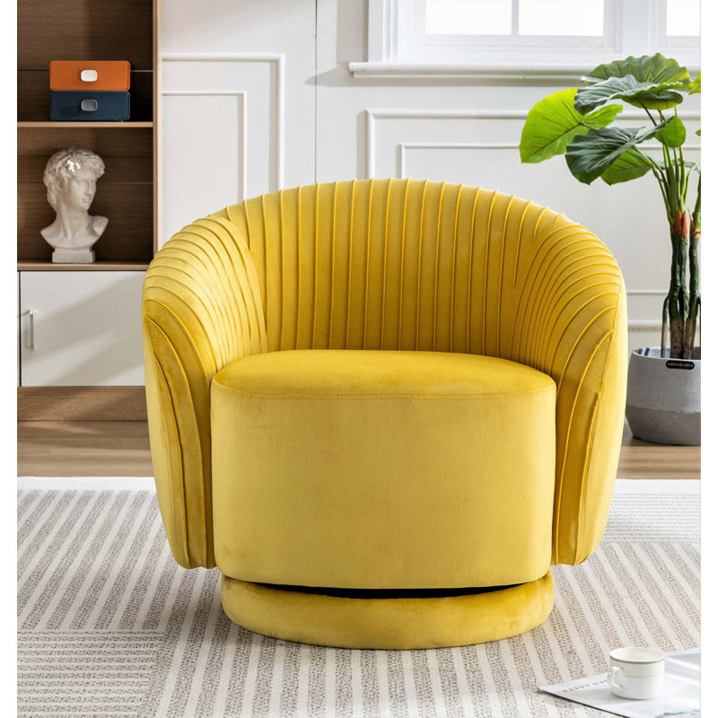Fauteuil demi-tonneau pivotant en velours moderne avec motif plissé et coussin épais rembourré, Jaune