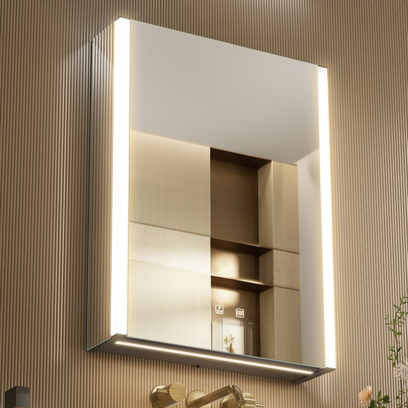 Pharmacie de salle de bain éclairée à DEL H 28 po x l 21 po avec miroir, désembueur, gradateur, prises et USB