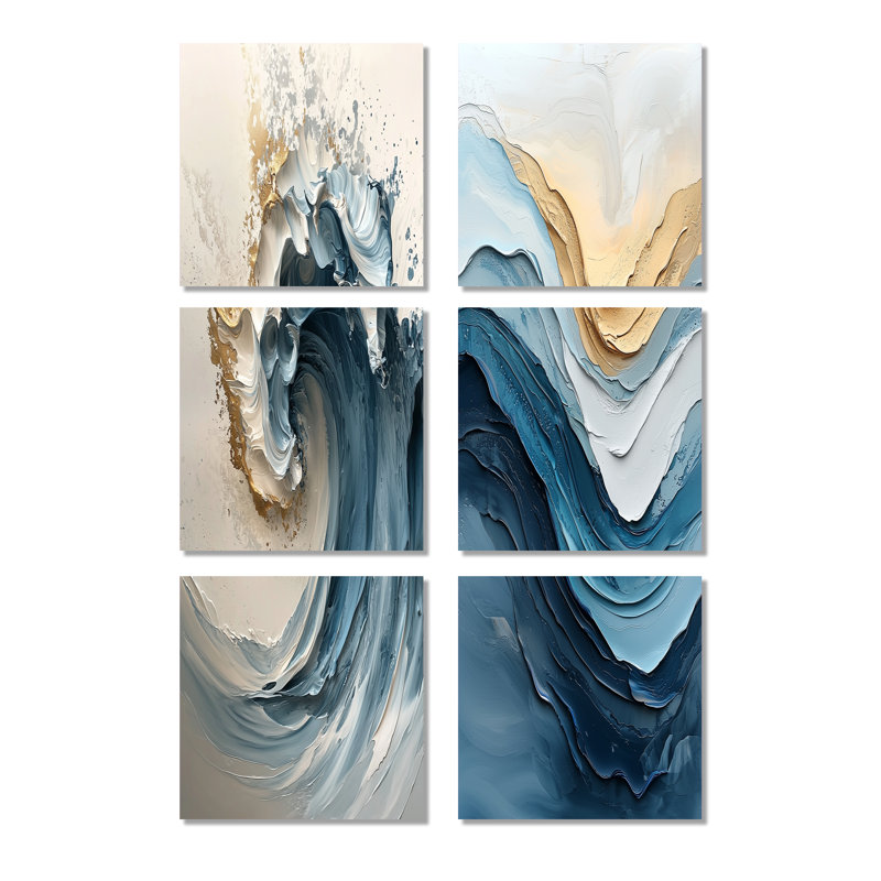 «White and Blue Marble Wave Blend - Coastal Waves», ensemble de 6 reproductions d'art sur toile, Toile tendue