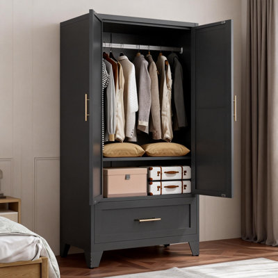 60″ Black Metal Wardrobe With 1 Drawer
