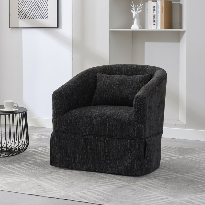 360-Degree Swivel Upholstered Armchair with Accent Pillow, Black Linen Blend