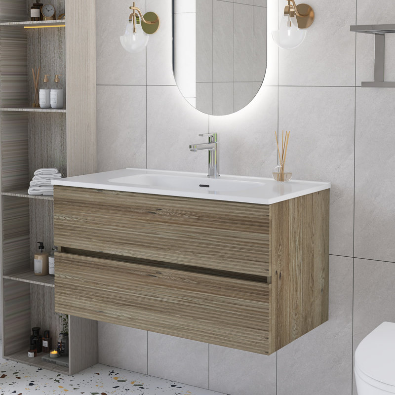Meuble-lavabo simple mural 36 po en chêne avec plateau en céramique intégré blanc