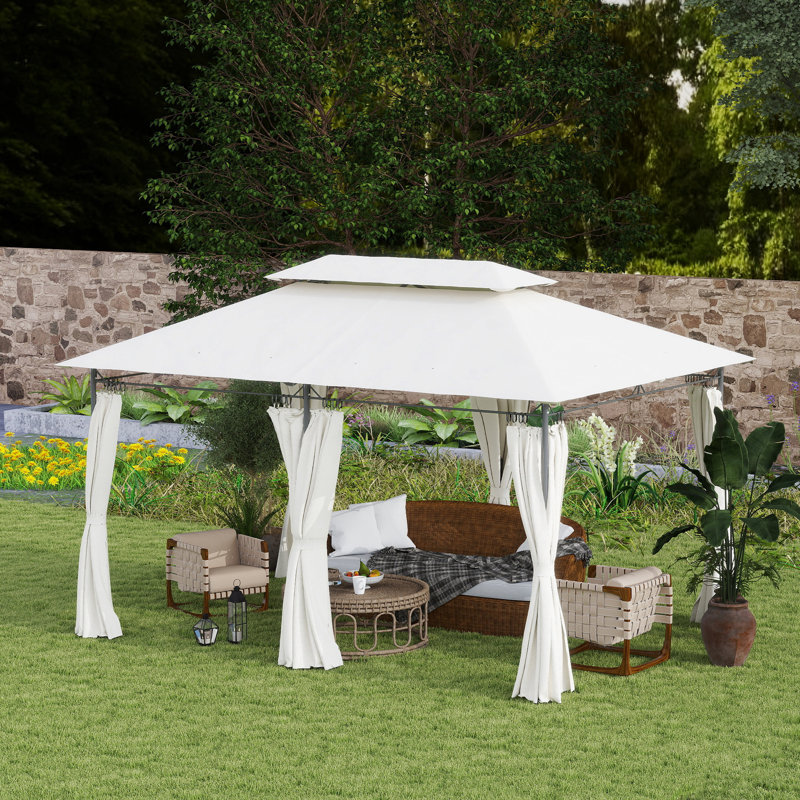Patio Gazebo, Double Roof Outdoor Gazebo Canopy Shelter with Curtains, Solid Metal Frame for Garden, Lawn, Backyard and Deck, Cream White