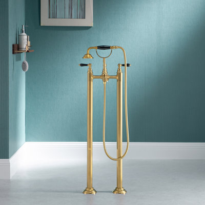 Robinet de baignoire autoportant au sol avec douche à main de style téléphone et poignées en céramique, robinet de baignoire de trempage autoportant moderne à 3 poignées,