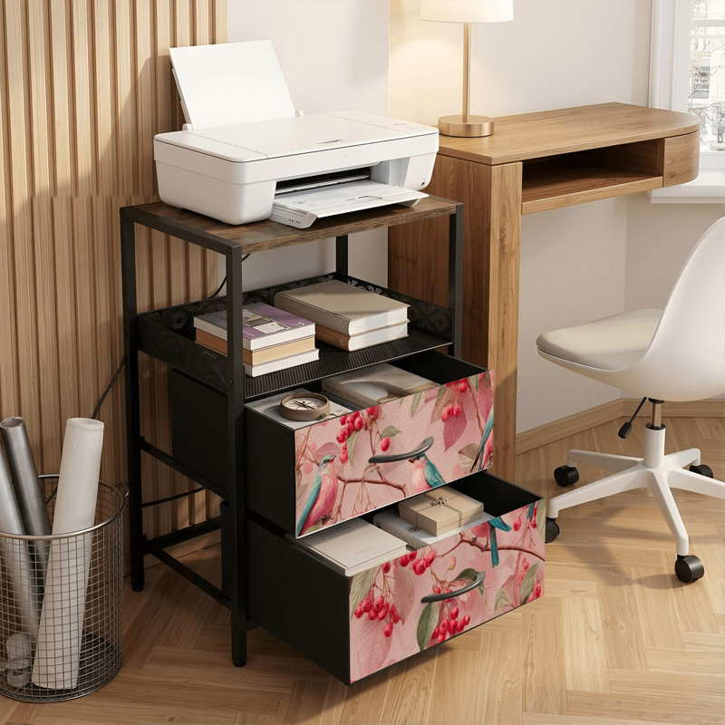 Table de chevet 2 tiroirs avec station de charge, table de chevet pour chambre à coucher avec ports USB, tablette ouverte noire, table de chevet avec branches élégantes oiseaux rouges et pastel
