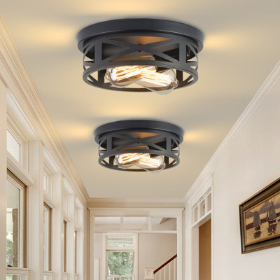 2-lights Black Flush Mount Ceiling Light Fixtures With Cage-style Cross Metal Frame