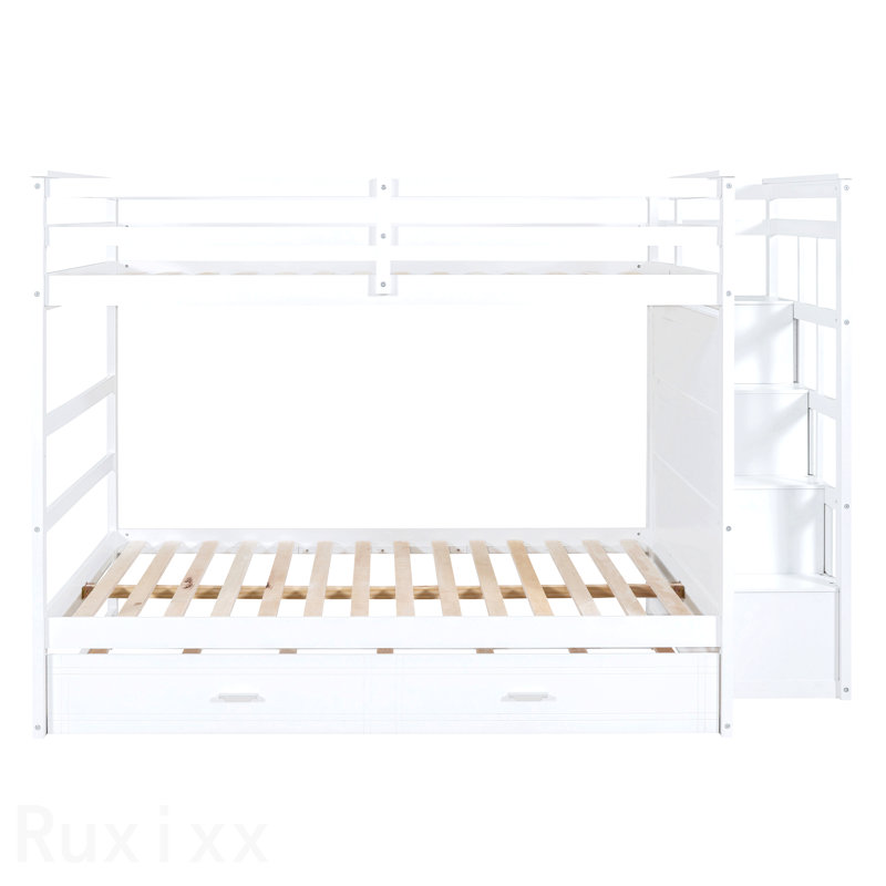 Lit superposé double au-dessus de double avec gigogne simple et escalier, blanc, White