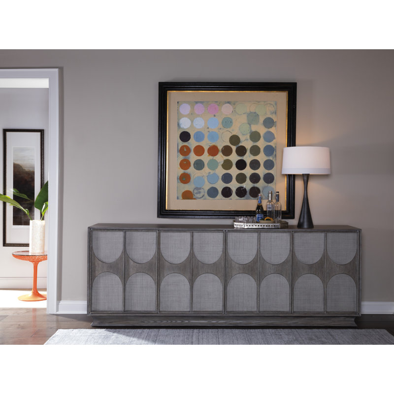 Mid-Century Modern Grey Oak Long Media Console with Raffia Accents